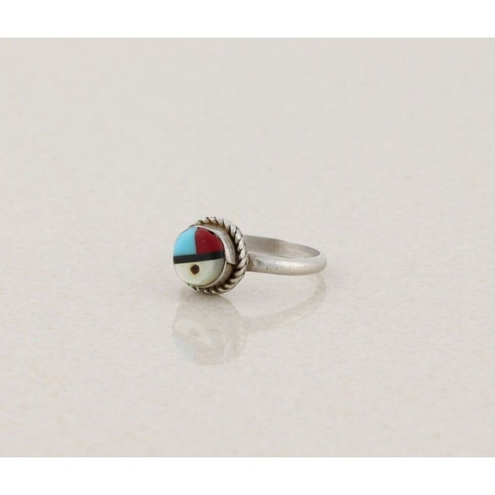 Sterling Silver Turquoise Coral Onyx Mother of Pearl Zuni Face Ring Size 4 1/2 - Picture 5 of 7
